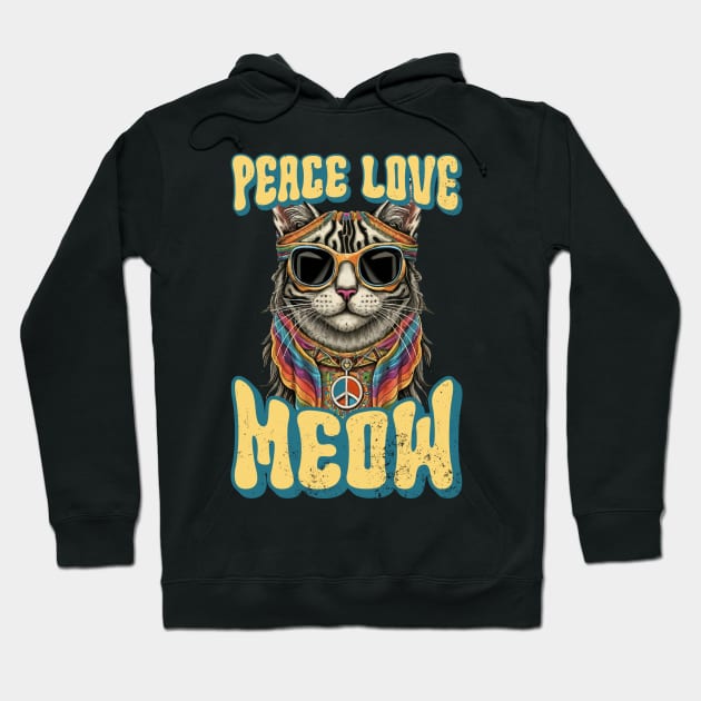 Peace Love Meow, Retro Groovy Style Hippie Cat Lover Design Hoodie by PugSwagClothing